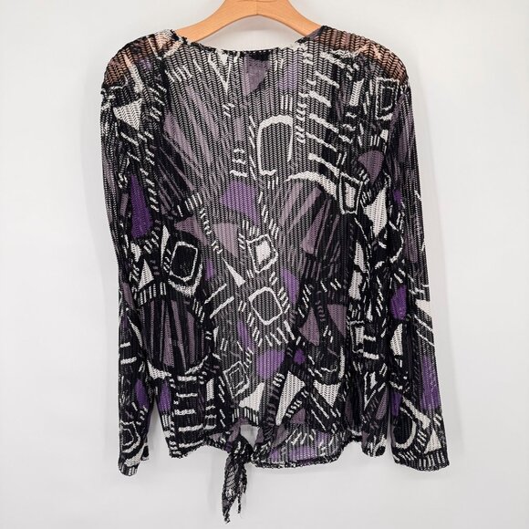 Chicos 2 Black Purple Tie-Front mesh Cardigan jacket Size large Geometric - Picture 8 of 10